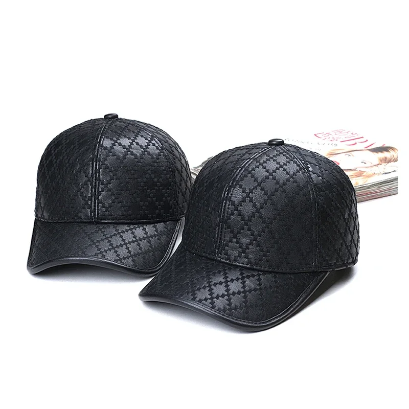 Unisex Genuine Leather Rhombus Check Embroidered Baseball Cap Women Retro Casual Peaked Hat men Fishing Trucker Gorras