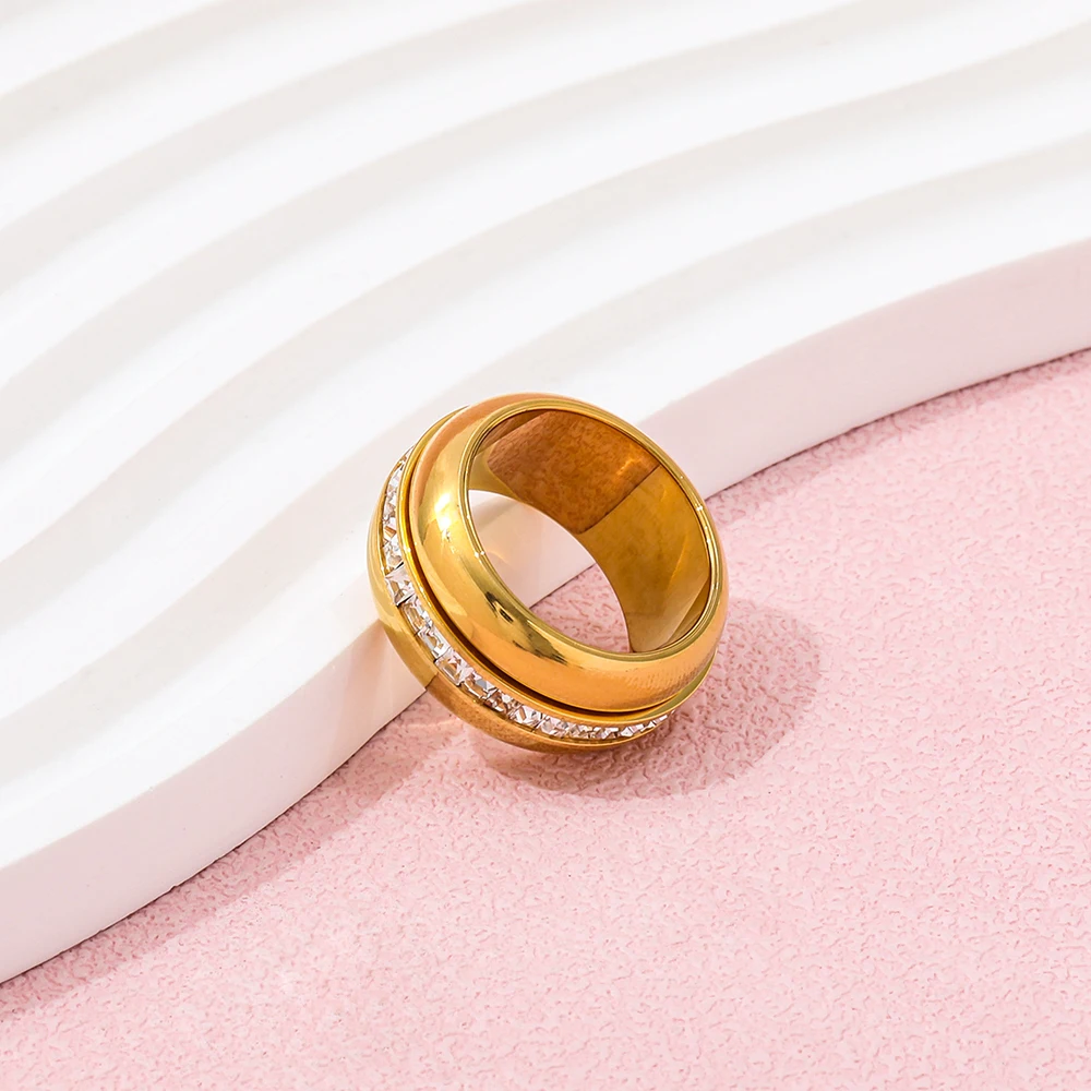 Joolim Jewelry High End PVD Wholesale Tarnish Free Circumferenced Square Zircon Rotary Stainless Steel Ring For Women