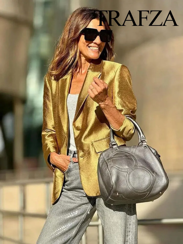 TRAFZA Autumn New Women\'s Fashion Gold Blazer Retro V Neck Party Long Sleeve Button Up Women\'s Pocket Casual Blazer Chic Top