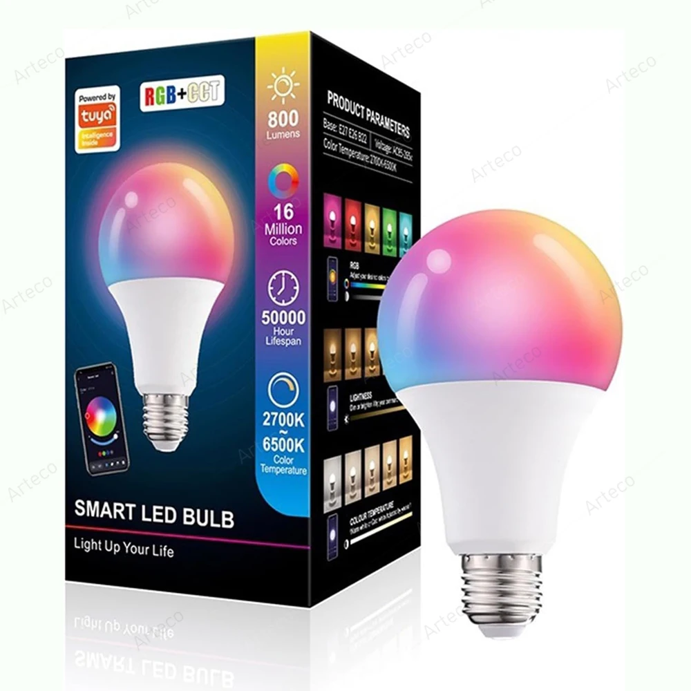 Tuya Bluetooth Smart LED Bulb Smart Life APP Control Light Bulbs Dimmable Spotlight 15W E27 AC85-265V RGB CCT Color Change Lamps