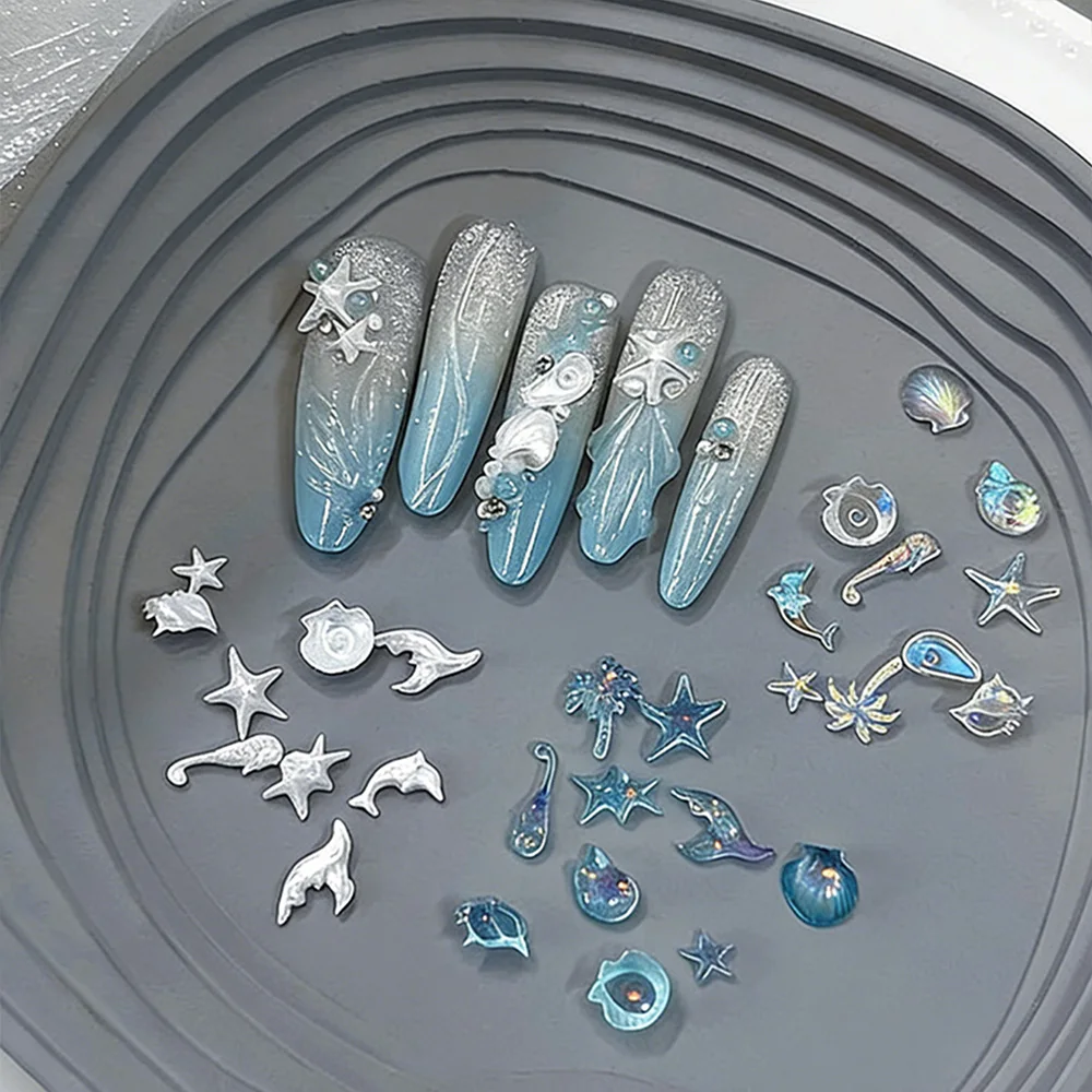 50pcs Ocean Series Nails Charms 3D Resin White Pearl Shell Star Dolphin Rhinestones Jewelry Flash Nail Art Decorations Accessory