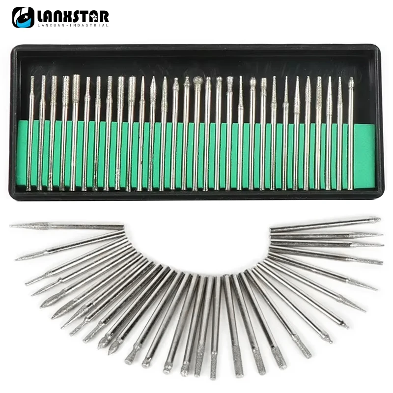 30pcs Shank Diamond Burs Set Optional Box For Dremel Electric Grinder Accessories Abrasive Drill Bit Rotary Tool Set 3mm