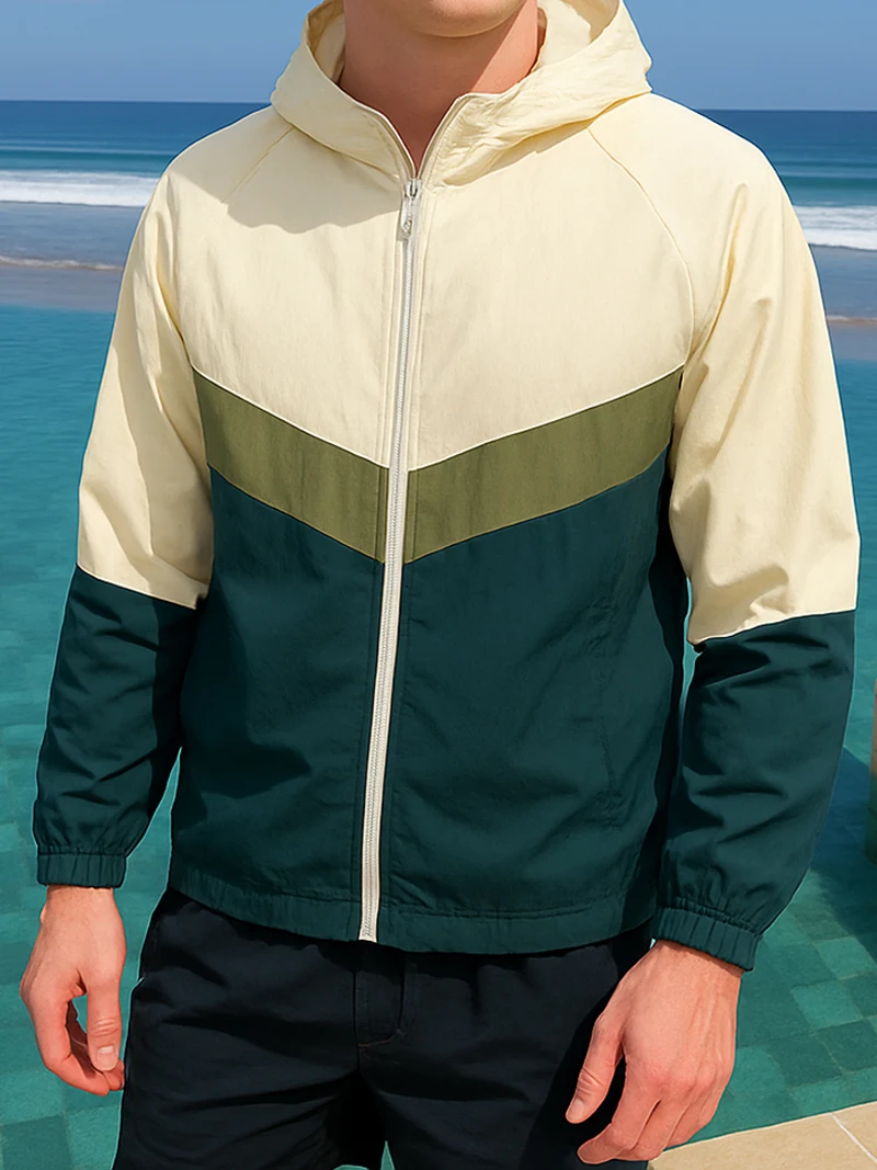 

Защитная одежда для мужчин, уличная лоскутная конструкция, легкая ветровка с капюшоном на молнии, куртка для походов, повседневное пальто