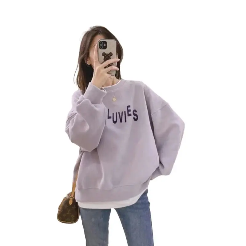 Women\'s Wear Autumn Winter Two Fake Pieces Sweatshirts New Long Sleeve Plush Thickening Printing Letter All-match O-collar Top