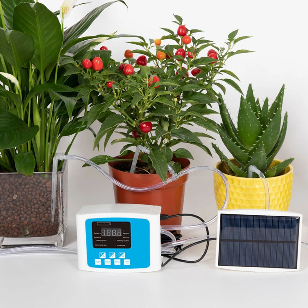 Automatic Drip Irrigation Kit USB Power Operation and Solar Panel Powered Voice Prompt  10 Potted Indoor Timed Watering Devic