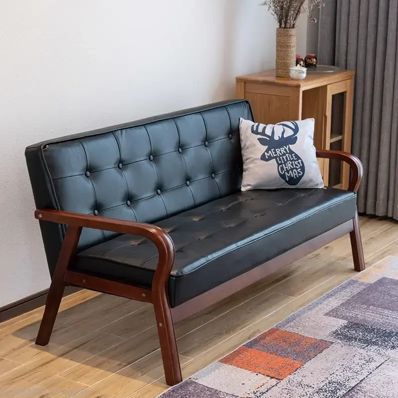 노르딕 원목 가죽 아트 소파 소형 아파트 3인용 거실 임대방 곡선형 나무 팔걸이 레트로 소파 가구