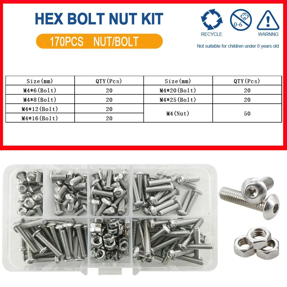 M2 M3 M4 M5 M6 Allen Sechskantmutter Bolzensatz 304 Edelstahl Sechskantschraube Muttern Set Knopf Rundkopf Maschinenschrauben Muttern Kit – Detail 10