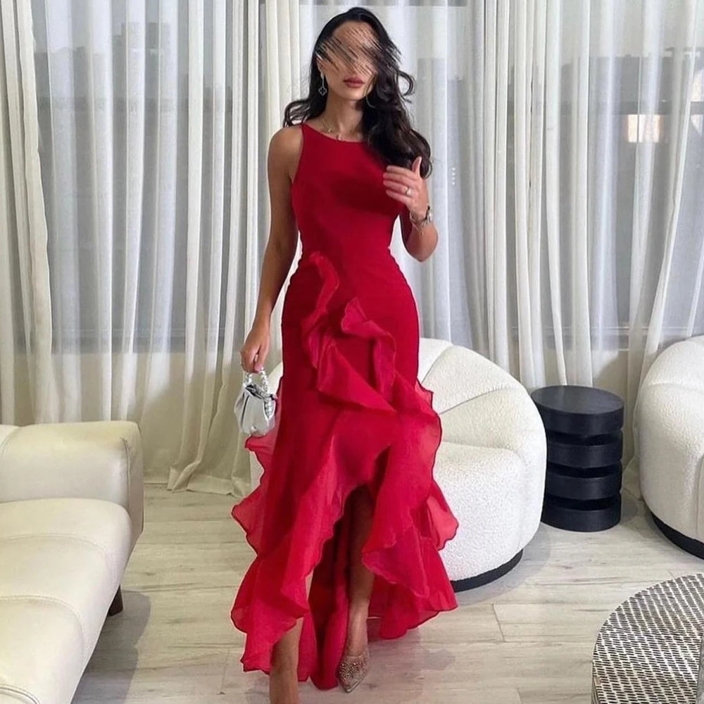 Customized Elegant Red Ruffles Jersey Evening Dress Ladies Scoop Sleeveless High Low Special Occasion Gowns Sexy Open Back 2024