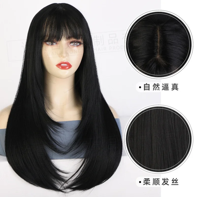 باروكة من الدانتيل الأمامي على الطراز الأوروبي والأمريكي مع غرة للنساء، باروكة دانتيل صناعية، لون سادة طويل مستقيم، جزء كبير L #3