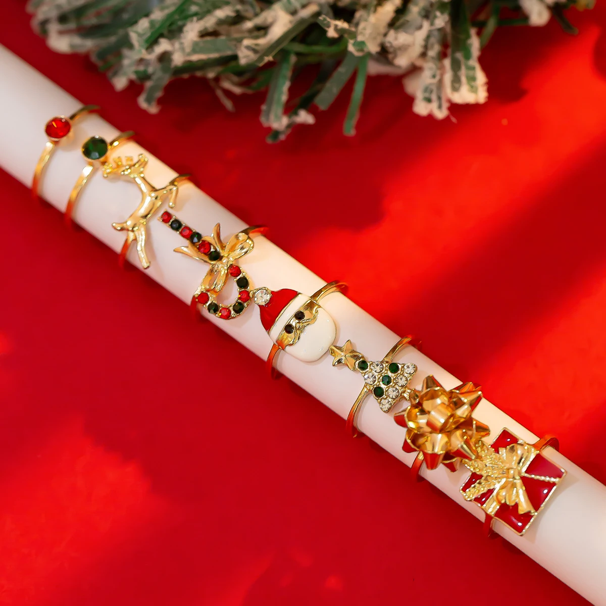 KunJoe 8pcs Cute Christmas Tree Snowman Elk Rings Set Women Creative Rhinestone Gold Color Finger Rings Jewelry Gift Accessories