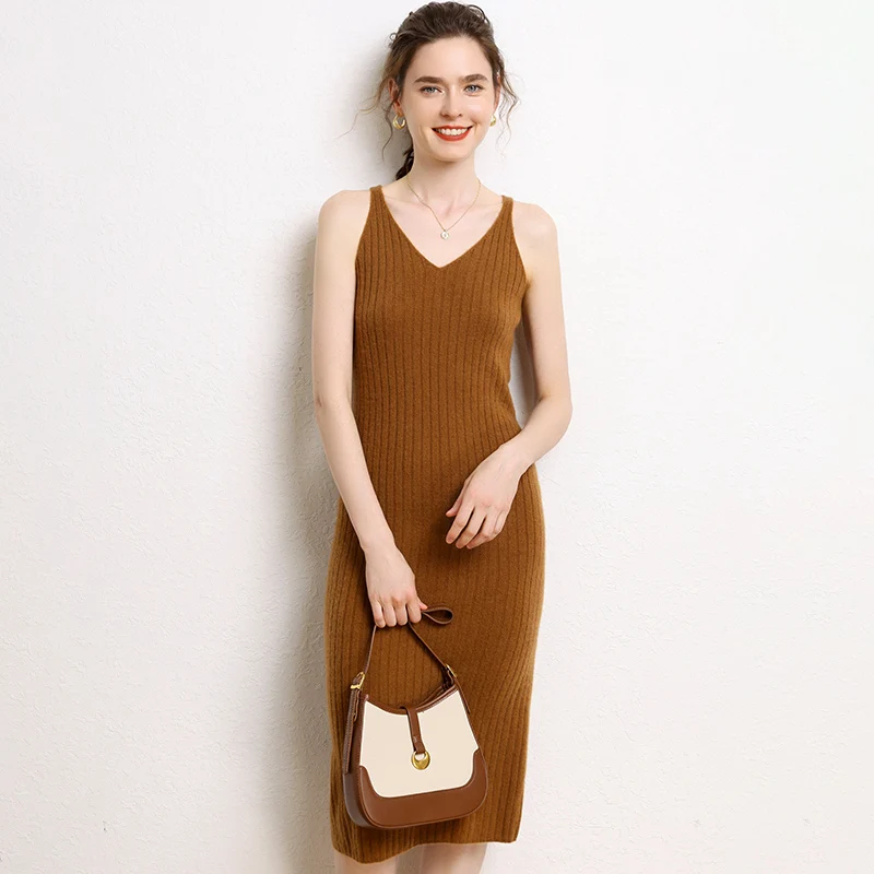 

Women Dresses Sleeveless Solid-Color 100% Cashmere Knitwear Winter Female Soft Warm Dress FN01