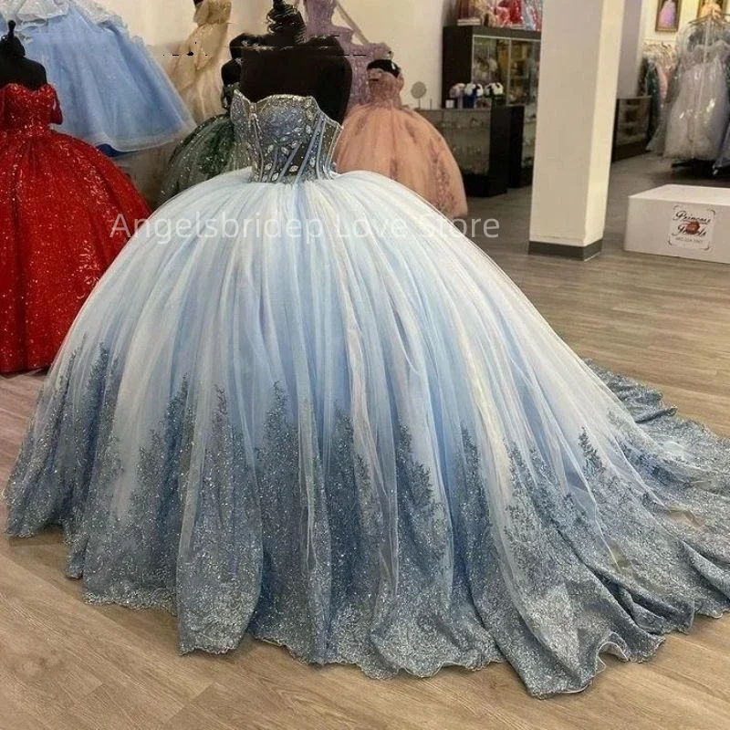 

Angelsbridep Light Blue Ball Gown 15 Year Old Quinceanera Dresses Sleeveless Long Train Girls Party Dress Vestidos De 15 Anos