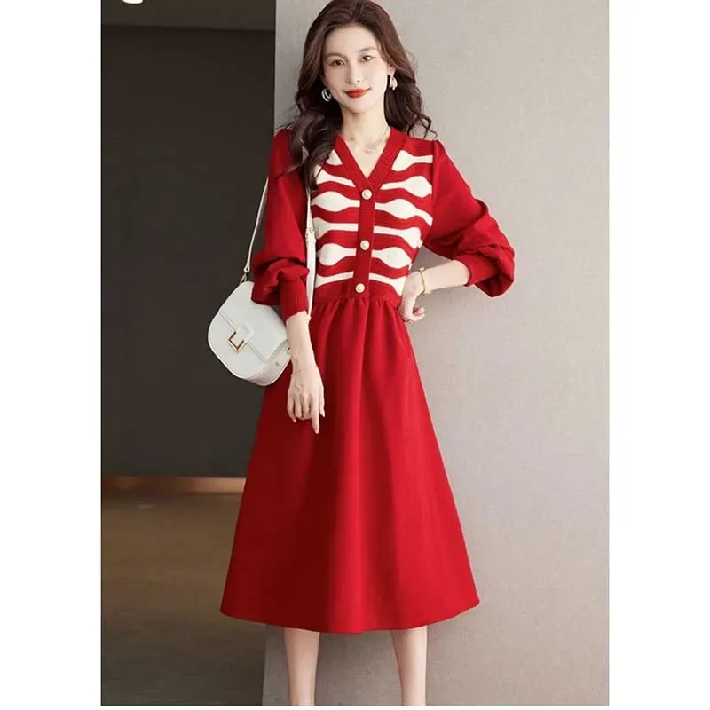 

Модные Повседневные платья в полоску со складками, имитация двух предметов, женская одежда, новинка весны, свободное платье миди с рукавом-фонариком CY184