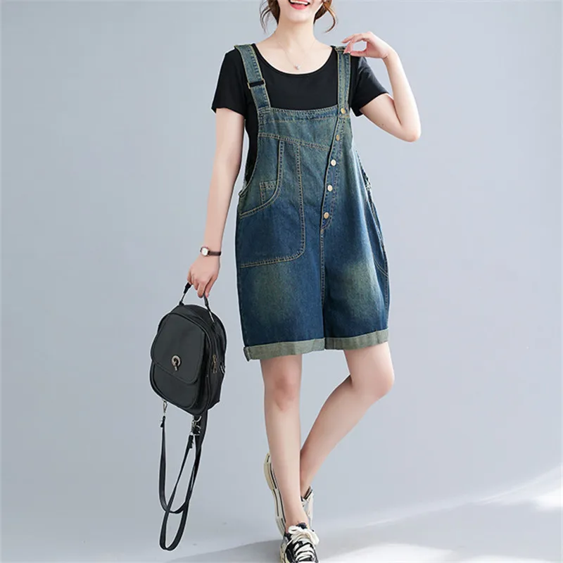 Summer New Suspenders Denim Shorts Women Korean Vintage Loose Fashion Big Pocket Roll Edge Wide-Legged Jean Pants Female W279