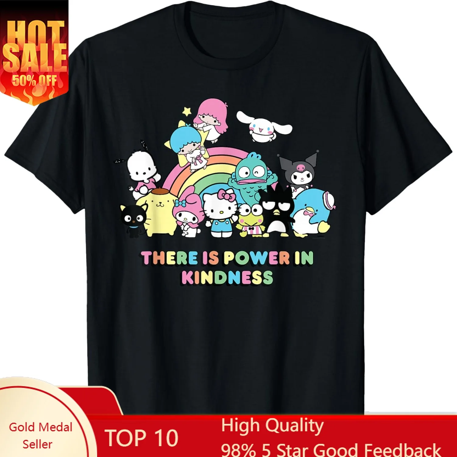 

Sanrio Hello Kitty & Friends Power in Kindness Black Classic Fit T-Shirt Crew Neck Women Tshirt Female Short Sleeved