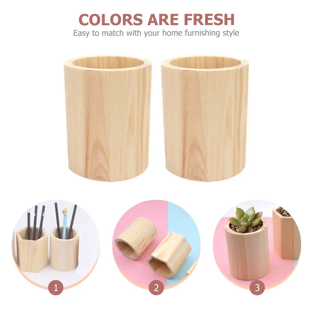 

2pcs Wooden Pen Holder Pine Brush Pot Desktop Stationery Organizer Storage Container For Office Home Fresh Color Long Lasting