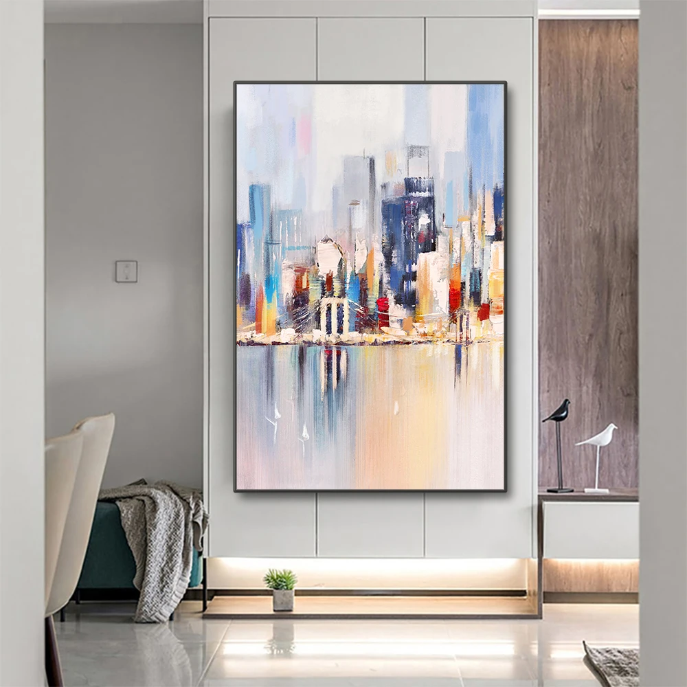 100% Hand-painted Abstract Oil Painting On Canvas Modern New York City Building Urben Landscape Wall Art for Home Decor Painting