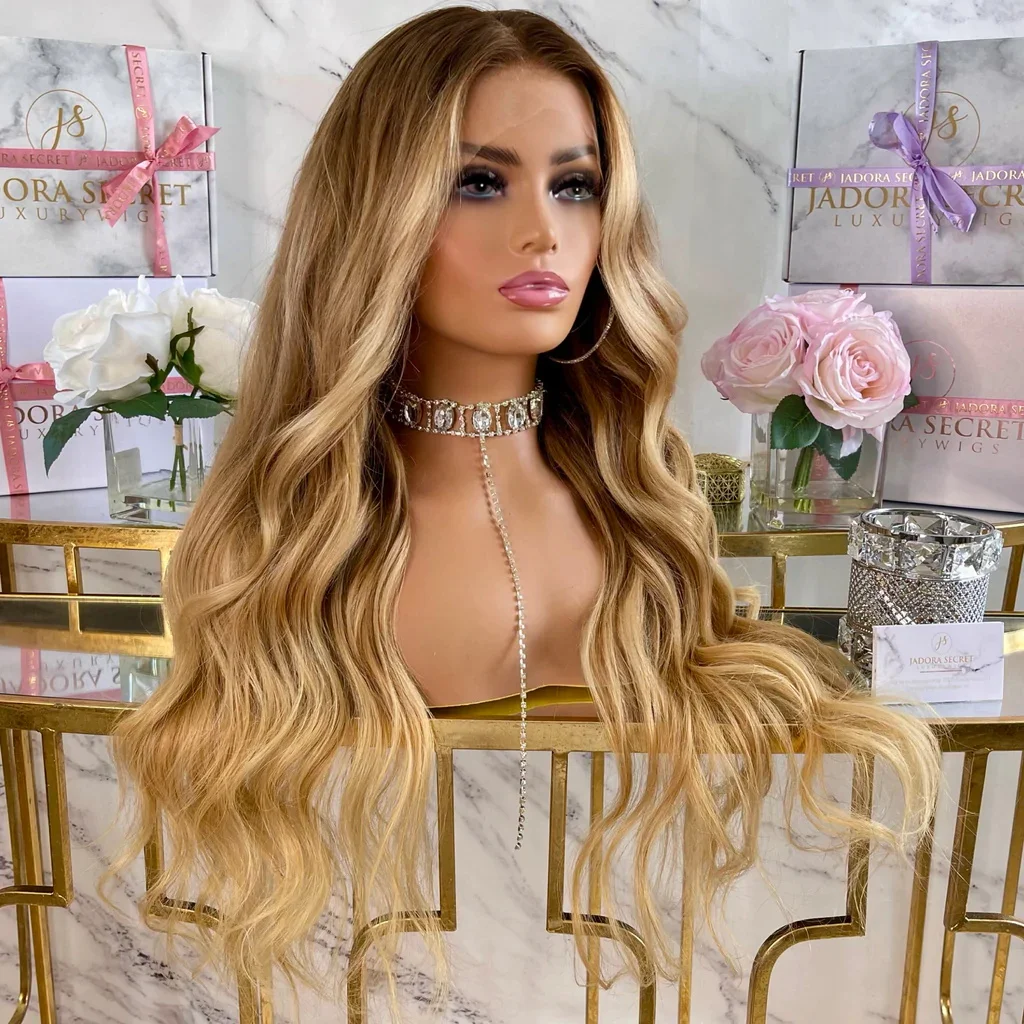 

180% High Density Dark Blonde Full Lace Human Hair Wigs Medium Brown Roots Ombre Long Layered Wavy Wig Hd 13x6 Lace Front Wig