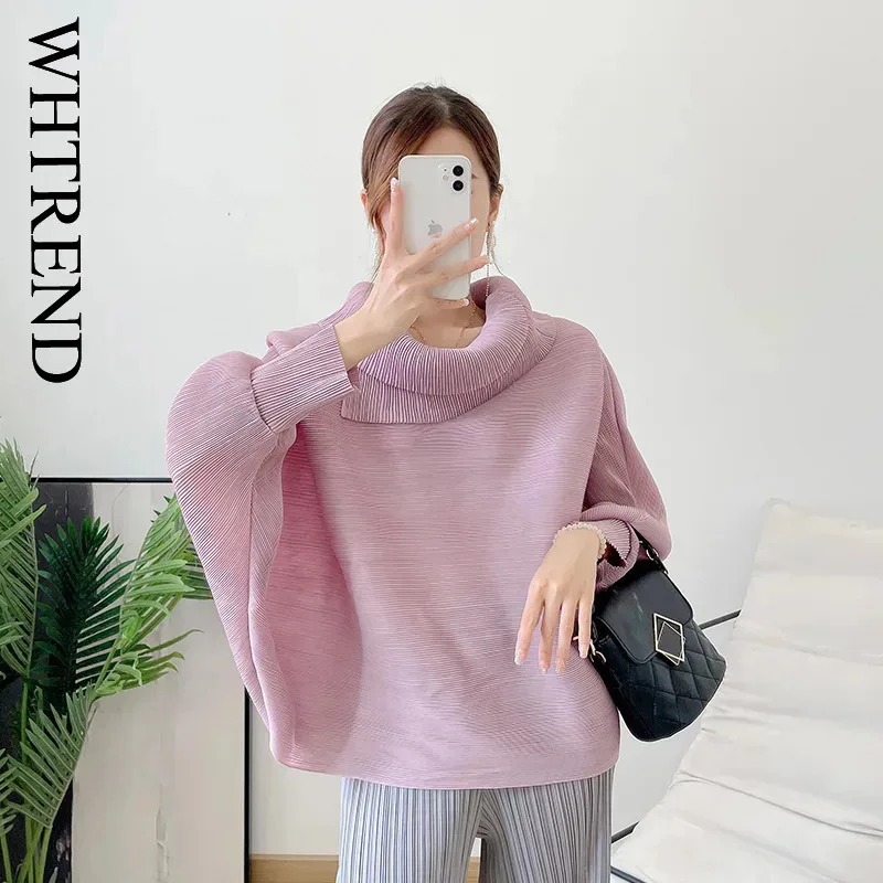 

WHTREND плиссированная футболка с воротником с лацканами и рукавами «летучая мышь», пуловер, осенняя новая шикарная красивая блузка, дизайнерский топ WH1194