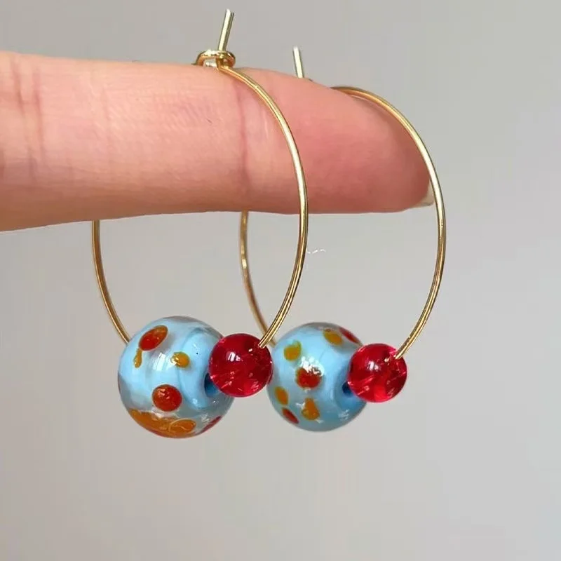 Romantic Dopamine Colorful Contrasting Round Beads Hoop Earrings Sweet Polka Dot Print Circle Ear Buckle Women Party Jewelry