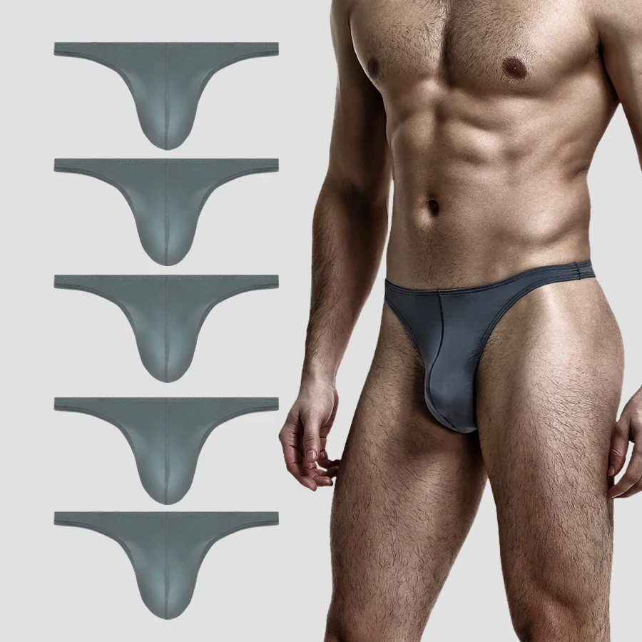 5PCS Men's low-waisted solid color U-shaped elastic tight sexy underwear, ice silk revealing buttocks thong breathable