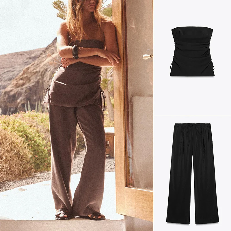 

Платье-комплект с нельефом и опуклой костью, свободные широкие брюки, комплект из двух предметов, круглые длинные брюки из полиэфирного волокна