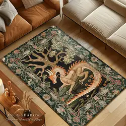 Enchanted Woods Dragon Rug Medieval Aesthetic Fairytale Nursery Decor Morris Style Cottagecore Fairycore Bedroom Mystical Carpet