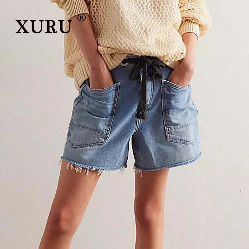 XURU - شورت جينز نسائي جديد Y2k من قماش الدنيم، جينز فضفاض برباط متعدد الجيوب، جينز قصير نسائي فاخر