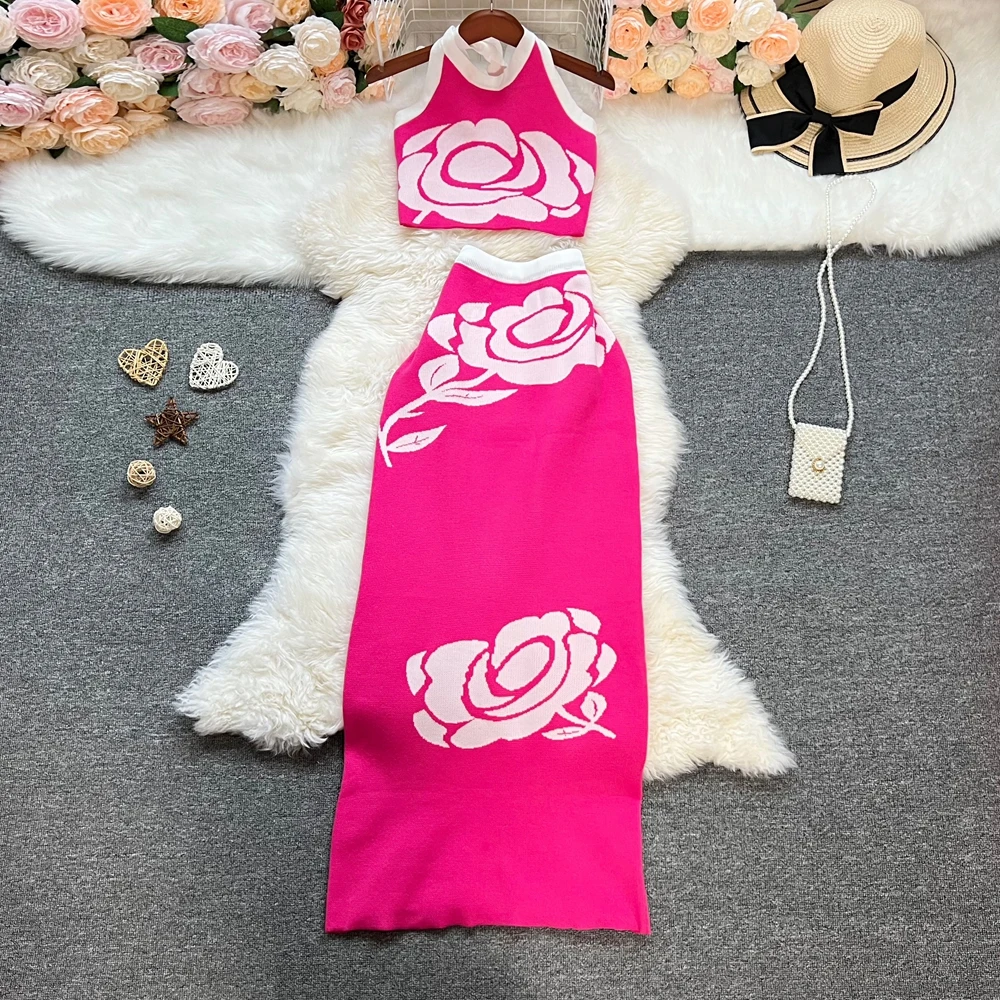 Marca YuooMuoo, trajes de punto de dos piezas a la moda para mujer, moda elegante Y2K, Top corto y falda larga envolvente a la cadera, ropa de calle, trajes para mujer