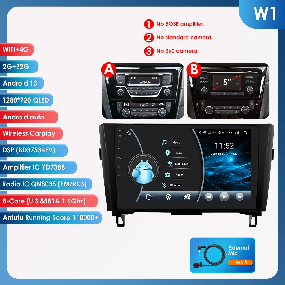10.1 "Algpo Android13 Autoradio voor Nissan Qashqai X-Trail 3 T32 2013-2017 Navigatie GPS RDS DSP 4G BT Android Auto CarPlay - afbeelding 1