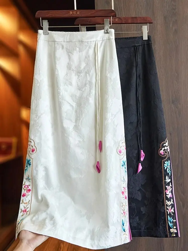 

Floral Embroidered Mid-length Skirt Women Ethnic Vintage Chinese Hanfu Asymmetrical Split A-Line Skirt