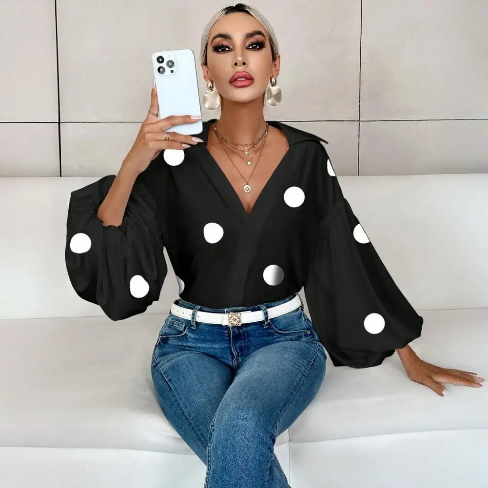 Puff Sleeve Top Women Blouse Women’s Lapel Shirt Blouse Puff Sleeve Tunic Top Boho V Neck Loose Fit Shirt for Wear Vacation
