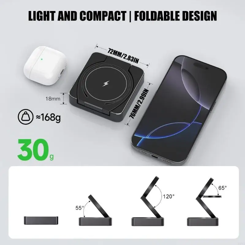 Compact Qi2 Charging Station 3 In 1 Foldable Design Supports 15W Fast Charging For Phones And Watches Earbuds F19E