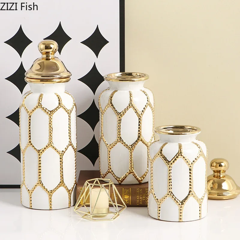 Golden Stripes Cylinder General Tank Ceramic Storage Jar with Lid Desktop Flower Arrangement Jewelry Jars Cosmetic Container