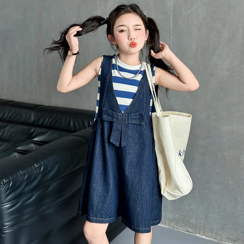 

Girls Summer Suit 2024 New Medium and Large Children Fashion Thin Sleeveless Vest Suspenders Two-piece Set Clothes Simple