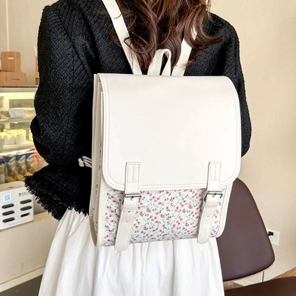 

Handbag Fashion Flap Backpack Large-Capacity Aesthetic PU Leather Flip School Bag Square Versatile Flower School Bagpack Ladies