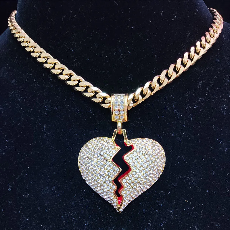 Men Hip Hop Heart Broke Iced Out Bling Pendant Necklace 7mm Width 316L Stainless Steel Chain Necklaces Hiphop Fashion Jewelry