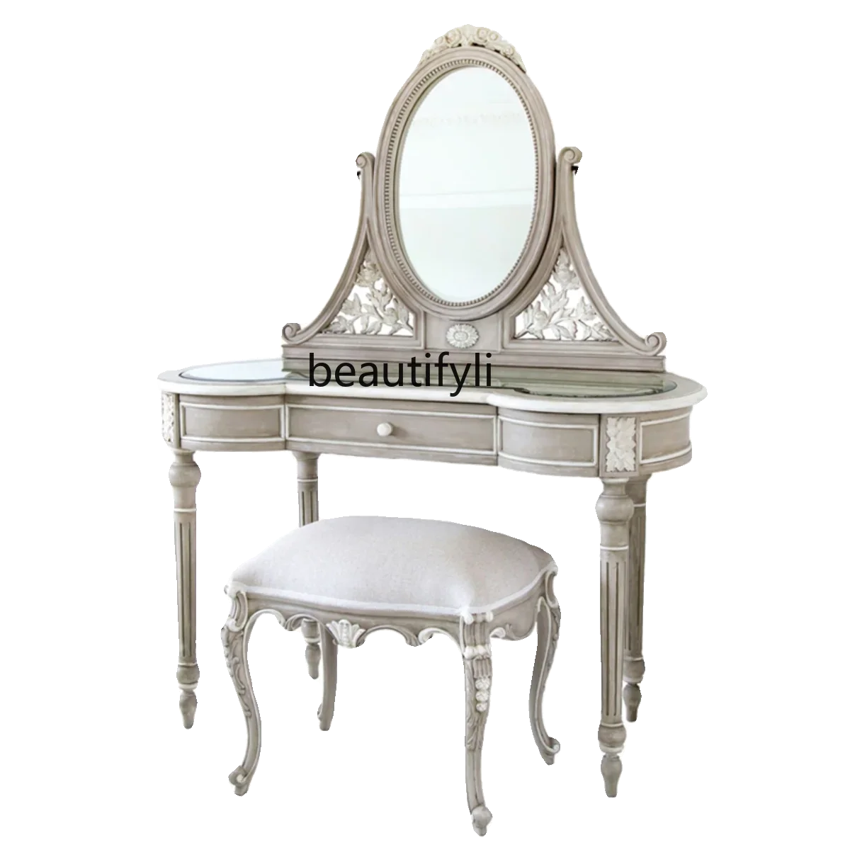 

French style small apartment bedroom solid wood dresser retro leaf carving, curved dressing table