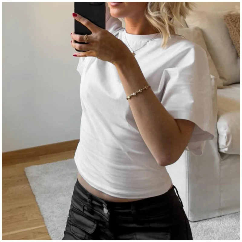 Slimming Effect round Neck Pullover Waist Cinched Women's T-shirt Fashionable Design Casual Top Polyester Fabric Regular Fit
