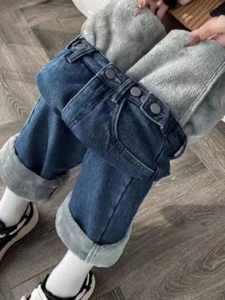 

Plush Lined Winter Straight Jeans Streetwears Warm Denim Pants Woman Wide Leg Thick Jeansy Solid Color Hose Outdoor E8102