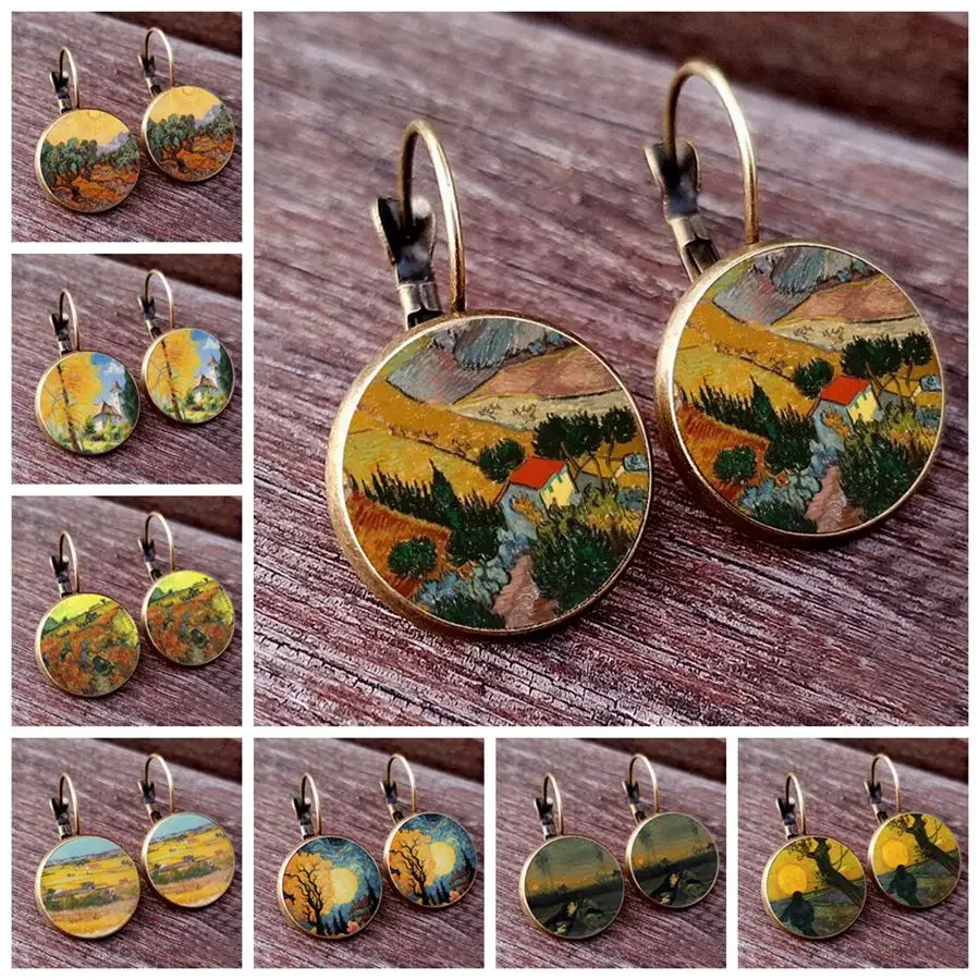 Van Gogh Painting Ear Studs Van Gogh\'s Autumn Painting of Starry Night  Round Jewelry Glass Dome earrings Autumn Vintage Earring