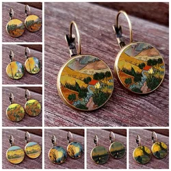 Van Gogh Painting Ear Studs Van Gogh's Autumn Painting of Starry Night  Round Jewelry Glass Dome earrings Autumn Vintage Earring