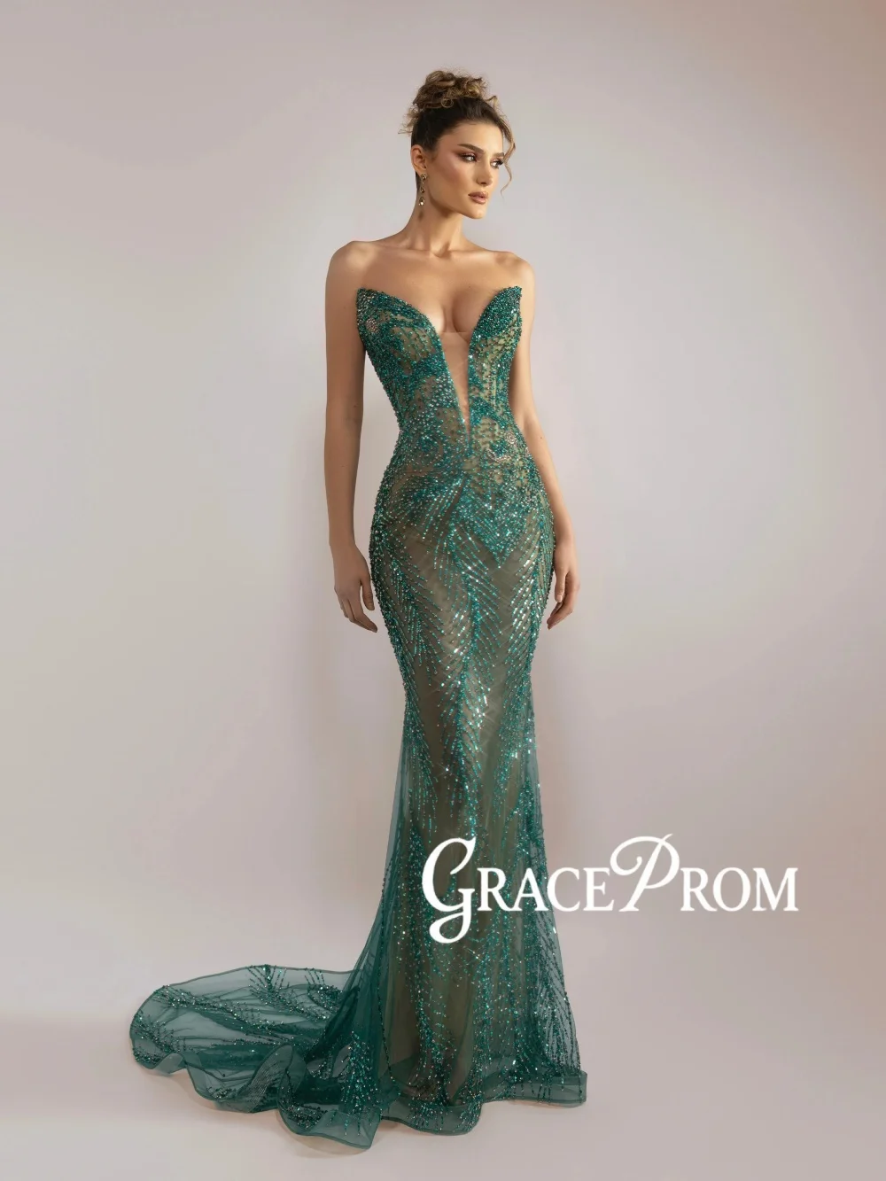 

Green Illusion Embroidery Evening Dress Luxury Beaded Mermaid Long Wedding Party Gown New Customized Charming Red Carpet Gowns