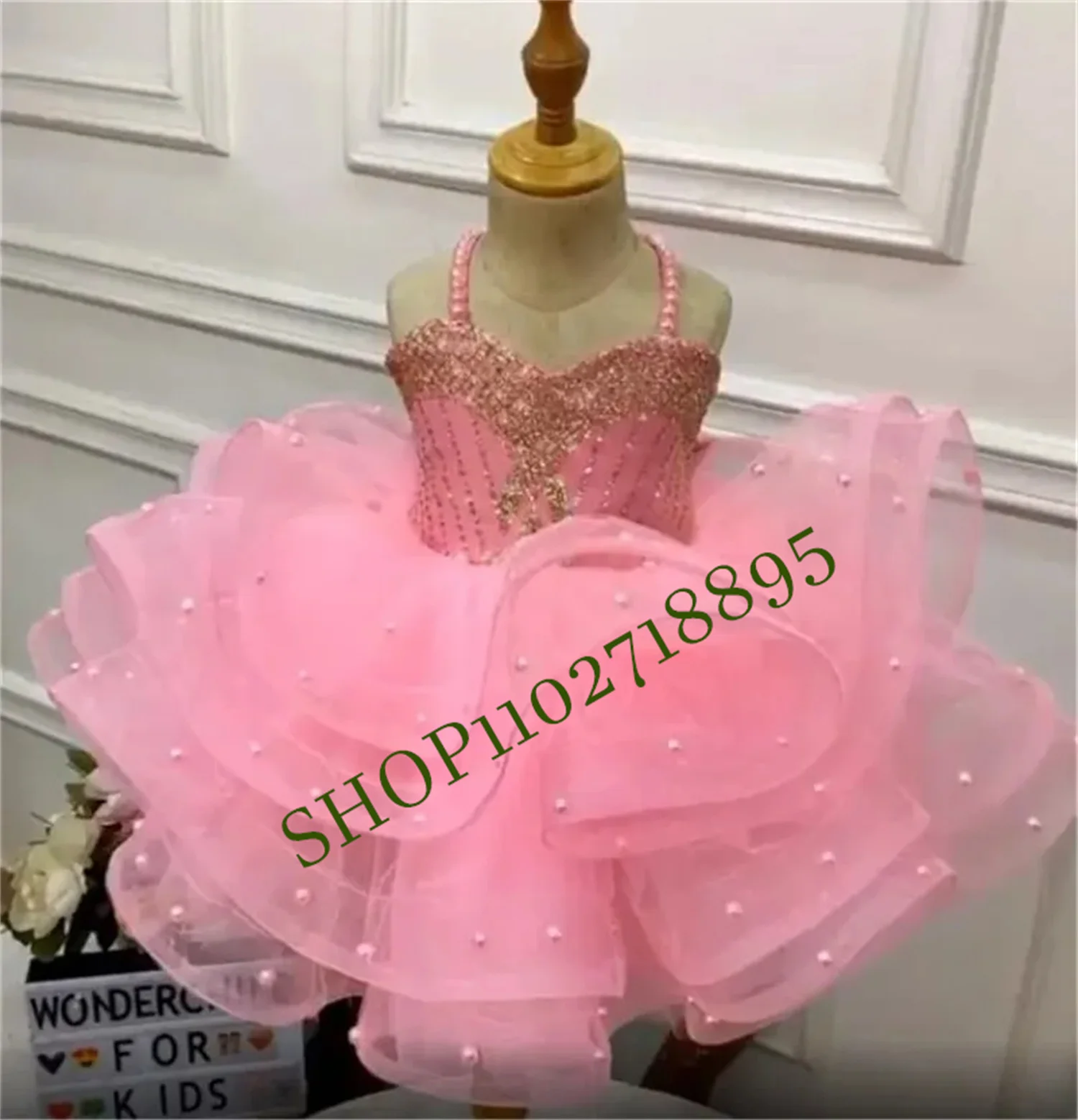 

Pink Tulle Tiered Flower Girl Dress For Wedding Suspenders Pearl Applique Beading Evening Party Dress Child Christmas Ball Gowns