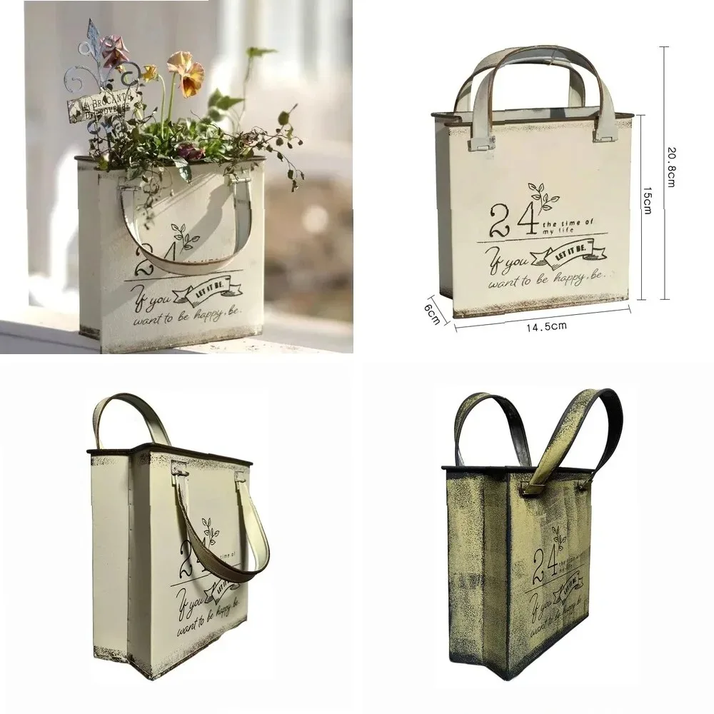 Iron Retro Handbag Shape Wall Mounted Flower Pot Home Furnishing Courtyard Garden Planting Decoration Metal Flowerpot Ornament
