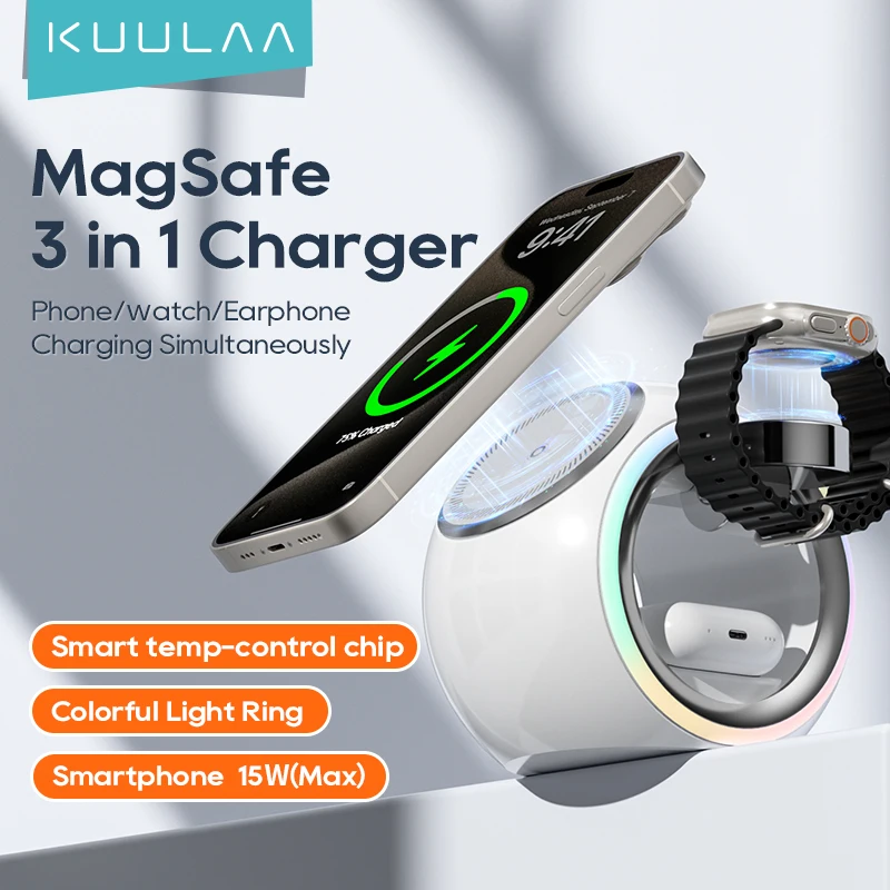 

KUULAA 3 in 1 Wireless Charging Stand for iPhone 15 4 Color Changing LED Light Magnetic Wireless Charger for AirPods/Watch