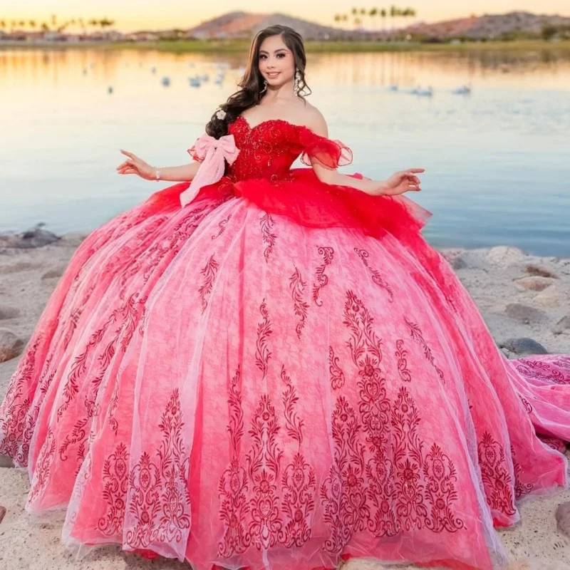 

Red Quinceanera Dresses Off the Shoulder Decal Glitter 3D Flower Long tail Vestidoe 15 Quinceanera Customize