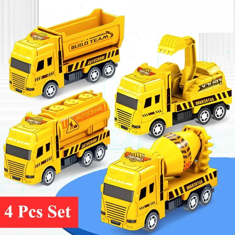 4Pcs Kids Toy Car Inertia Engineering Vehicle Sanitation Truck Models Military Fire Engine Pull Back Cars Boys Toys for Children