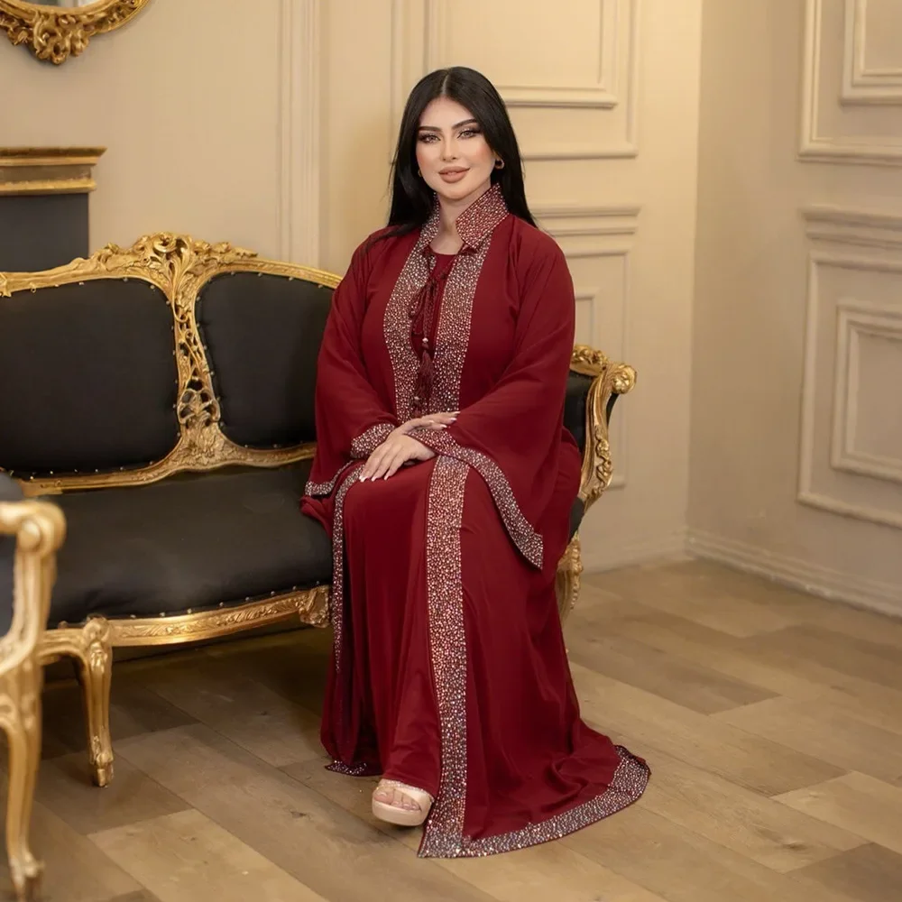 

Dubai Chiffon Diamonds Kimono Abaya Inner Dress Two Piece Set for Women Kaftan Turkey Caftan Musulmane Femme Robe Islam Jalabiya