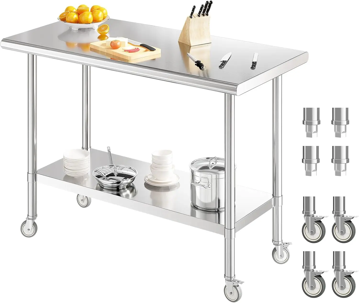 REDLIFE Stainless Steel Work Table 2-Stage Adjustable Shelf w/ 4 Wheels Heavy Duty Food Prep Worktable for Restaurant Home Hotel